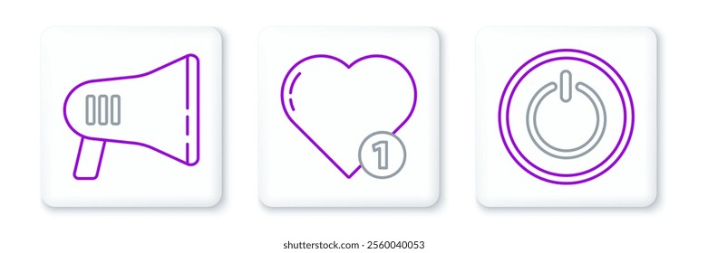 Set line Power button, Megaphone and Like and heart icon. Vector