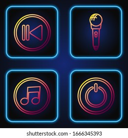 Set line Power button, Music note, tone, Rewind and Microphone. Gradient color icons. Vector