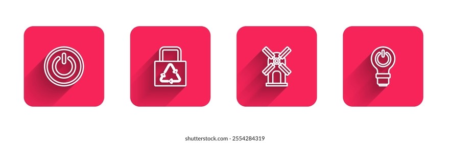 Set line Power button, Paper bag with recycle, Wind turbine and Light bulb lightning with long shadow. Red square button. Vector