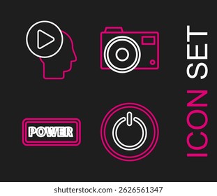 Set line Power button, Photo camera and Head people with play icon. Vector