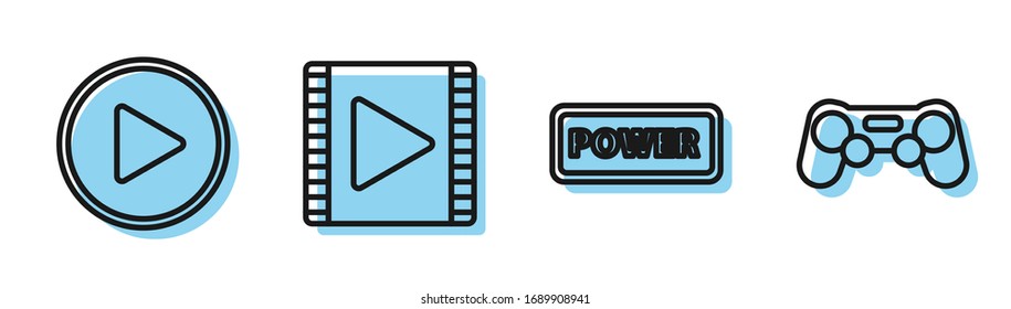 Set line Power button, Play in circle, Play Video and Gamepad icon. Vector