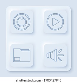 Set line Power button, Play in circle, Document folder and Speaker volume. White square button. Vector