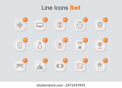 Set line Power button, Playing cards, Portable video game console, Joystick for arcade machine, Game controller joystick, Award cup and  icon. Vector