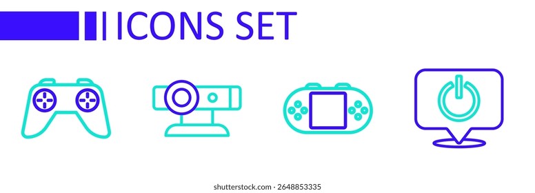 Set line Power button, Portable video game console, Web camera and Game controller joystick icon. Vector