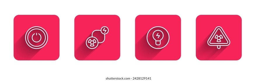 Botón de encendido, energía de intercambio radiactivo, bombilla con concepto de idea y radiación de triángulo con sombra larga. Botón cuadrado rojo. Vector