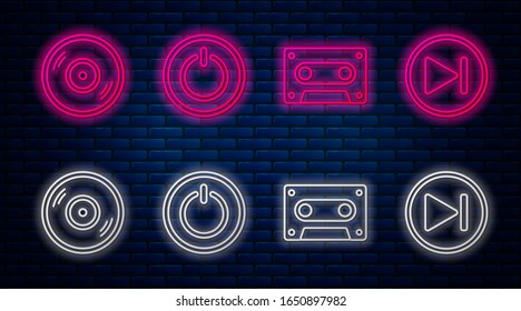 Set Line Power Button, Retro Audio Cassette Tape, Vinyl Disk And Fast Forward. Glowing Neon Icon On Brick Wall. Vector