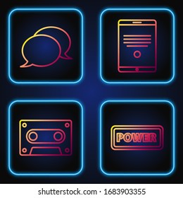 Botón de encendido de línea, cinta de audio retro, chat de burbuja de voz y Tablet. Iconos de color degradado. Vector