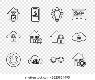 Set line Power button, Smart home, Light bulb and gear, Internet of things, remote control system, Glasses and Humidity icon. Vector