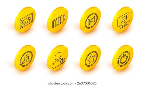 Set line Power button, Star, Add friend, Music note, tone, Dislike in speech bubble, Rewind, Battery charge level indicator and Retro audio cassette tape icon. Vector