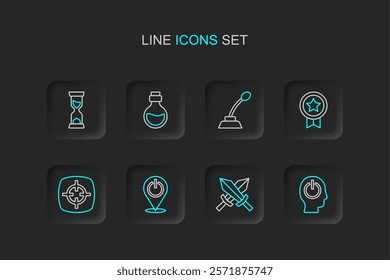 Set line Power button, Sword for game, Target sport, Game rating with medal, Microphone, Bottle magic elixir and Old hourglass icon. Vector
