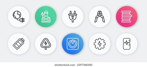 Set line Power button, Wire electric cable reel, Battery charge, Gear and lightning, Pliers tool, Electric plug, Refrigerator and High voltage icon. Vector