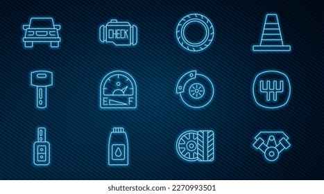 Ajuste la línea Motor del coche con regulación eléctrica, Selector de velocidades, rueda del neumático de automóvil, Indicador del gas del motor, llave con mando a distancia, pinza de freno y icono Comprobación. Vector