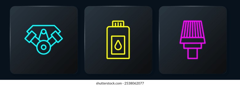 Set line Power car engine, Car air filter and Canister for motor machine oil. Black square button. Vector