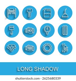 Set line Power car engine, Check, Repair on lift, Car tire wheel, service,  and Tire pressure gauge icon. Vector