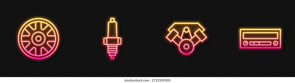 Motor de coche de la energía, rueda de la aleación para el coche, bujía del coche y audio. Icono de neón brillante. Vector