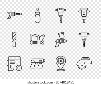 Set Line Power Electric Generator, Electric Circular Saw, Construction Jackhammer, Paint Spray Gun, Rotary Drill Machine, Planer Tool, Circular Blade And Electrical Hand Concrete Mixer Icon. Vector