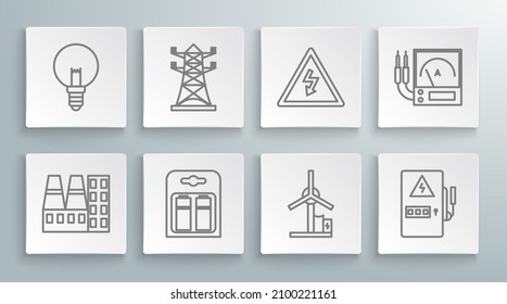 Set line Power station plant and factory, High voltage power pole line, Battery pack, Wind turbine, Electrical panel, sign, Ampere meter, multimeter, voltmeter and Light bulb icon. Vector