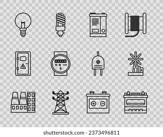 Set line Power station plant and factory, Car battery, High voltage power pole line, Light bulb, Electric meter,  and Wind turbine icon. Vector