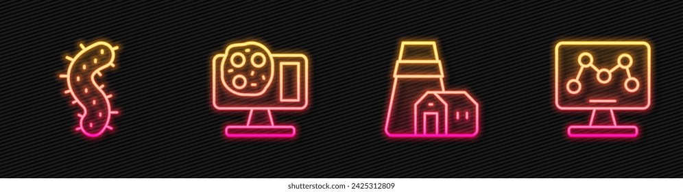 Set line Power station plant, Virus, Genetic engineering and . Glowing neon icon. Vector