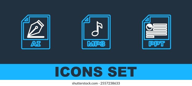 Set line PPT file document, AI and MP3 icon. Vector
