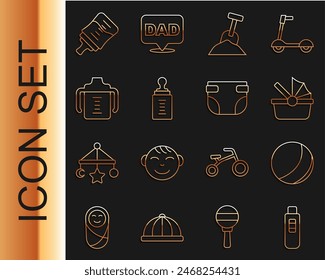 Set line Pregnancy test, Beach ball, Baby stroller, Sandbox with sand and shovel, bottle,  and diaper icon. Vector