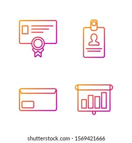 Set line Presentation financial board with graph, schedule, chart, diagram, infographic, pie graph, Envelope, Certificate template and Identification badge. Gradient color icons. Vector