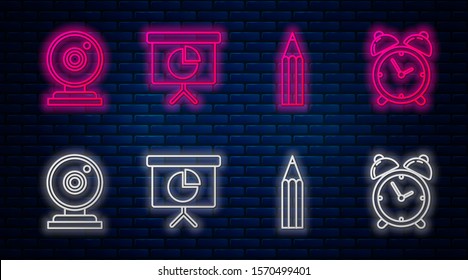 Set line Presentation financial board with graph, schedule, chart, diagram, infographic, pie graph, Pencil, Web camera and Alarm clock. Glowing neon icon on brick wall. Vector