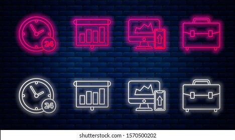 Set line Presentation financial board with graph, chart, diagram, infographic, pie graph, Financial chart or graph on the computer monitor and mobile phone, Clock 24 hours and Briefcase. Vector