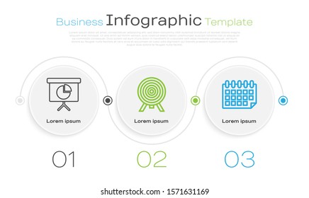 Set line Presentation financial board with graph, schedule, chart, diagram, infographic, pie graph, Target and Calendar. Business infographic template. Vector