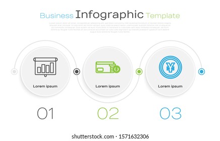 Set line Presentation financial board with graph, schedule, chart, diagram, infographic, pie graph, Envelope with coin dollar and Coin money with Yen symbol. Business infographic template. Vector