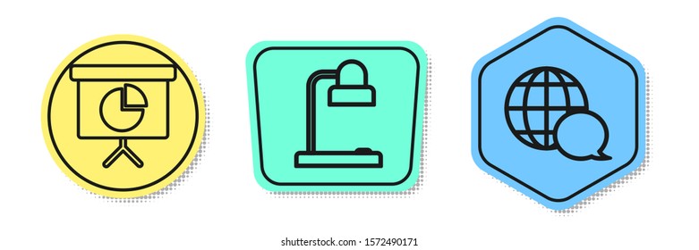 Set line Presentation financial board with graph, schedule, chart, diagram, infographic, pie graph, Table lamp and World map made from speech bubble. Colored shapes. Vector
