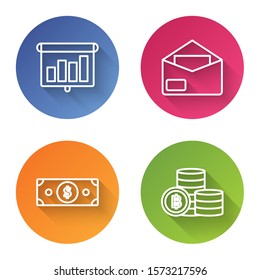 Set line Presentation financial board with graph, schedule, chart, diagram, infographic, pie graph, Envelope, Stacks paper money cash and Cryptocurrency coin Bitcoin. Color circle button. Vector