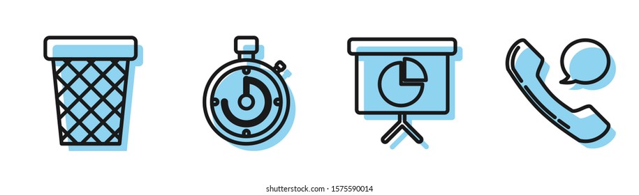 Set line Presentation financial board with graph, schedule, chart, diagram, infographic, pie graph, Trash can, Briefcase and Telephone handset and speech bubble chat icon. Vector