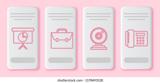 Set line Presentation financial board with graph, schedule, chart, diagram, infographic, pie graph, Briefcase, Web camera and Telephone. White rectangle button. Vector
