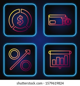 Set line Presentation financial board with graph, chart, diagram, infographic, pie graph, Percent up arrow, Coin money with dollar symbol and Envelope with coin dollar. Gradient color icons. Vector
