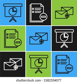 Set line Presentation financial board with graph, schedule, chart, diagram, infographic, pie graph, Envelope and Document with minus icon. Vector