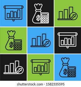 Set line Presentation financial board with graph, schedule, chart, diagram, infographic, pie graph and Calculator with money bag icon. Vector