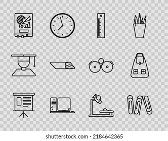 Set Line Presentation Financial Board With Graph, Infographic, Pie Graph, Paper Clip, Ruler, Computer Monitor Keyboard And Mouse, Board, Eraser Rubber, Microscope And School Backpack Icon. Vector