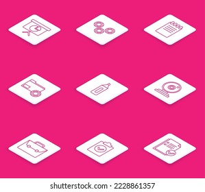Set line Presentation financial board with graph, chart, diagram, infographic, pie graph, Gear, Notebook, Folder settings gears, Marker pen, Web camera, Briefcase and Completed task icon. Vector