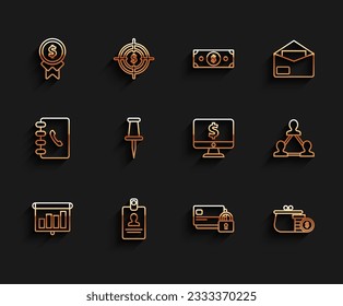 Set line Presentation financial board with graph, Reward for good work, Credit card lock, Wallet coins, Push pin, Project team base and Computer monitor dollar symbol icon. Vector