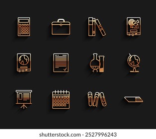 Set line Presentation financial board with graph, Calendar, Calculator, Paper clip, Eraser rubber, Exam sheet check mark, Earth globe and Test tube and flask chemical laboratory test icon. Vector