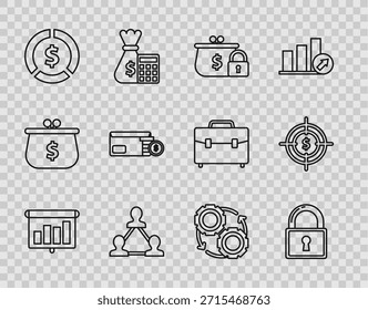 Placa financiera de presentación con gráfico, cerradura, cerradura cerrada de la cartera, base del equipo del proyecto, símbolo del dólar del dinero de la moneda, moneda del sobre, concepto de proceso del flujo de trabajo del engranaje y de las flechas e icono del objetivo. Vector