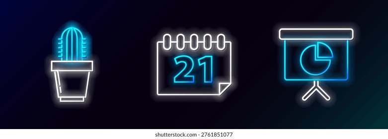 Set line Presentation financial board with graph, schedule, chart, diagram, infographic, pie graph, Cactus and succulent pot and Calendar icon. Glowing neon. Vector