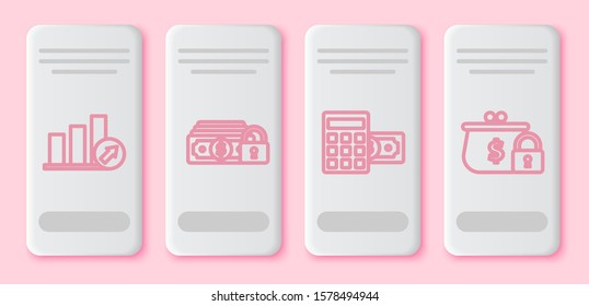 Set line Presentation financial with graph, schedule, chart, diagram, infographic, pie graph, Money with lock, Calculator with dollar symbol and Closed wallet with lock. White rectangle button. Vector