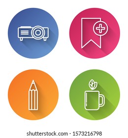 Set line Presentation, movie, film, media projector, Bookmark, Pencil and Cup of tea and leaf. Color circle button. Vector