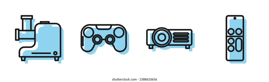 Set line Presentation, movie, film, media projector , Kitchen meat grinder , Gamepad  and Remote control  icon. Vector