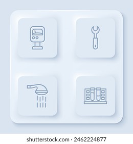 Set line Pressure water meter, Wrench spanner, Shower and Test tube with drop. White square button. Vector