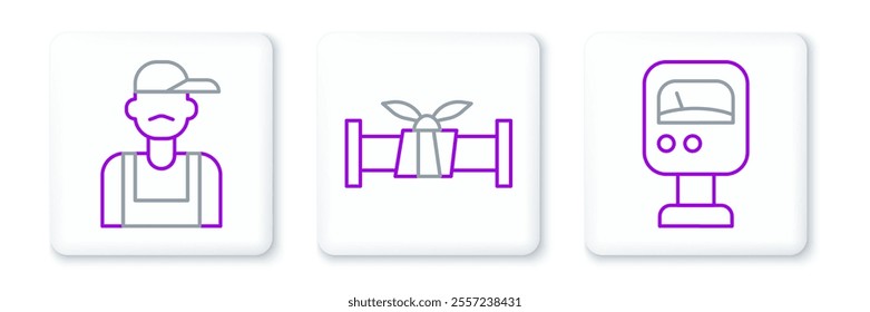 Set line Pressure water meter, Plumber and Industry metallic pipe icon. Vector
