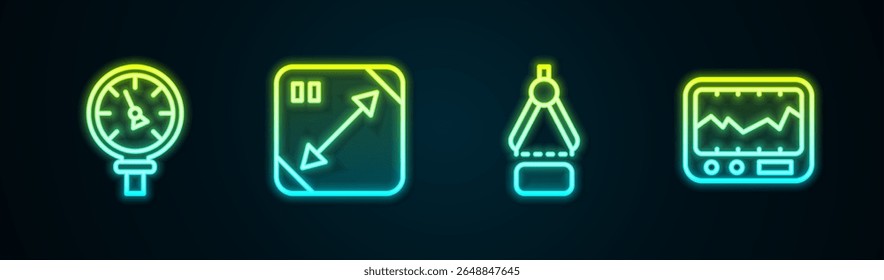 Set line Pressure water meter, Diagonal measuring, Drawing compass and Measuring instrument. Glowing neon icon. Vector