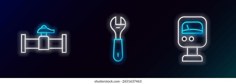 Medidor de agua a presión, tubo y válvula de la industria e icono de llave inglesa. Brillante neón. Vector